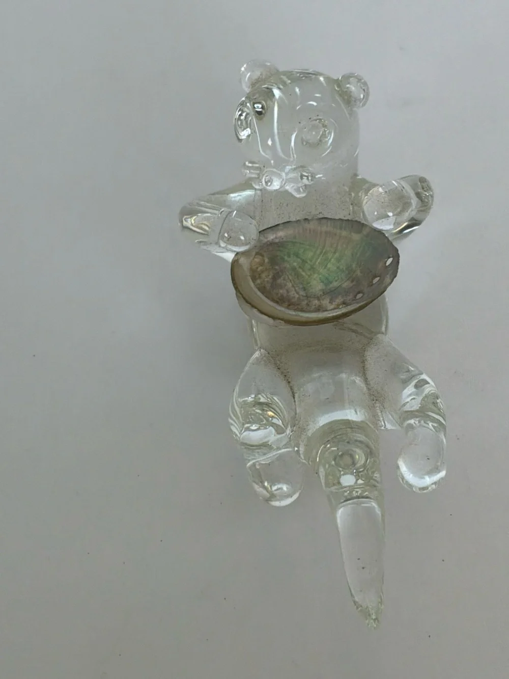 Hand Blown Clear Glass Sea Otter Figurine Holding Abalone Shell Trinket Dish